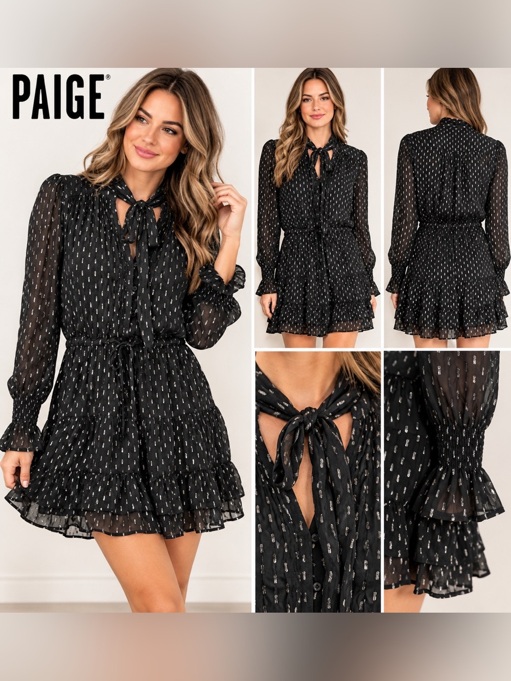 PAIGE Black Silver Metallic Print Long Sleeve Ruffle Mini Dress XS